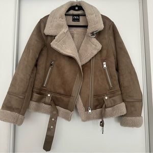 Zara Double Faced Taupe Faux Shearling Moto Jacket Size XL